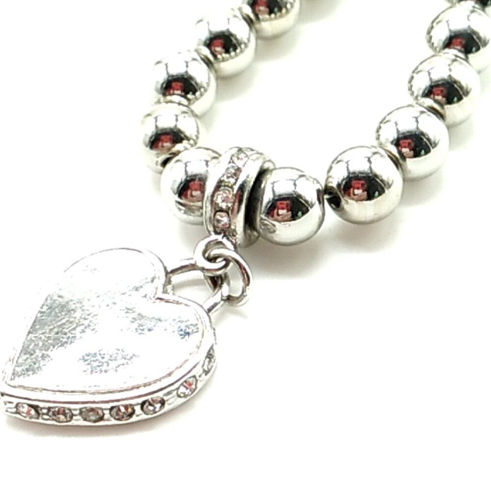 Charming Charlie Silver-tone Rhinestone Heart Pendant Ball Bead Necklace Signed